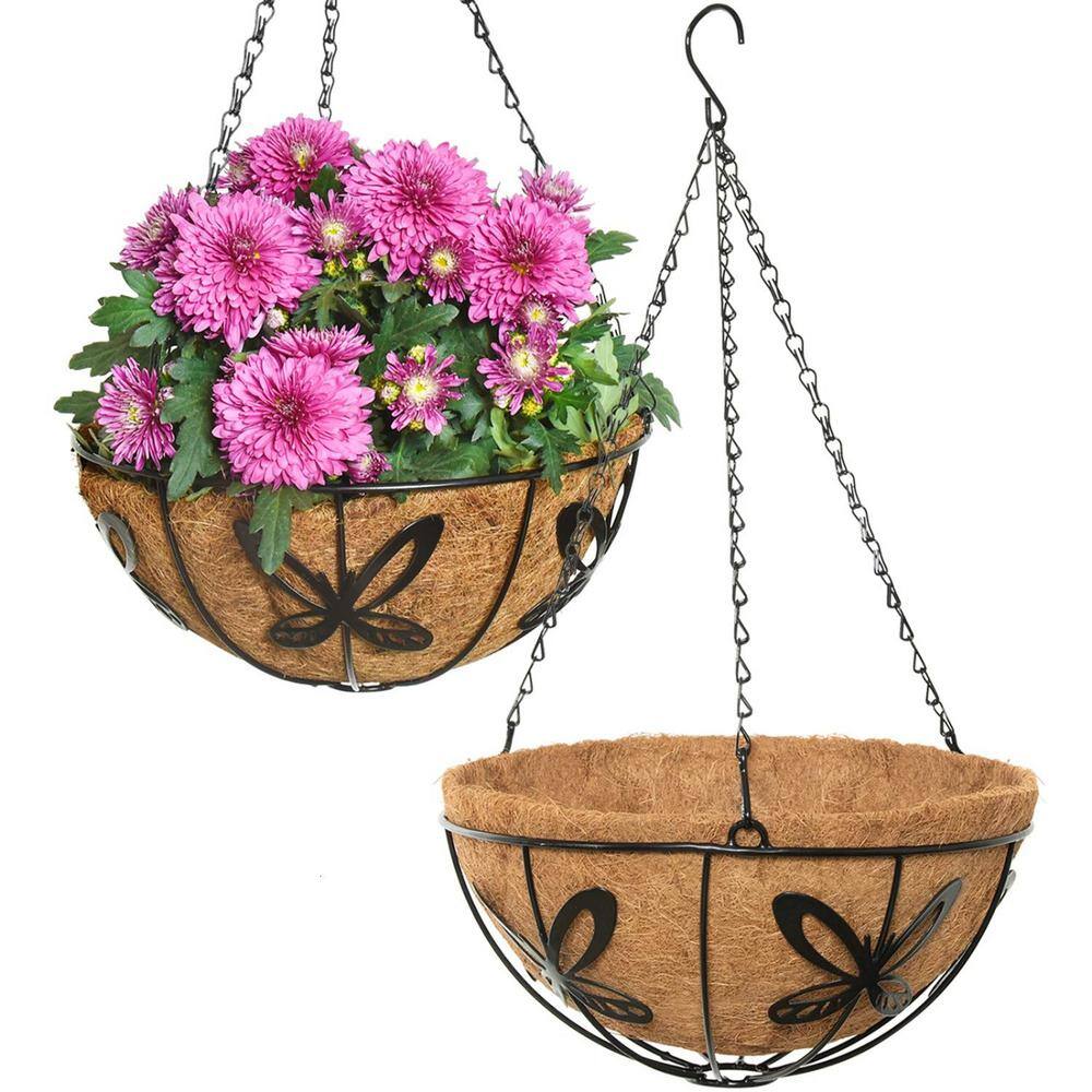 Dyiom 12 in. Dia Black Metal Hanging Basket with Coco Coir Liner (2Pack) B08NB3PXSR The Home