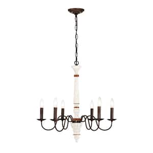 6-Light Rust and Retro White Candle-Style Chandelier with Adjustable Height, Rustic Metal Pendant for Living room