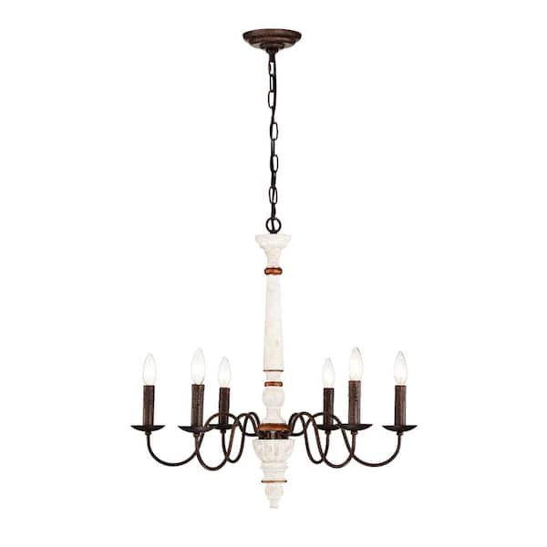Staykiwi 6-Light Rust and Retro White Candle-Style Chandelier with Adjustable Height, Rustic Metal Pendant for Living room