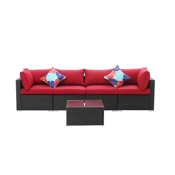 OVASTLKUY Black 5-Piece Wicker Outdoor Patio Furniture Sofa Set with Red Cushion