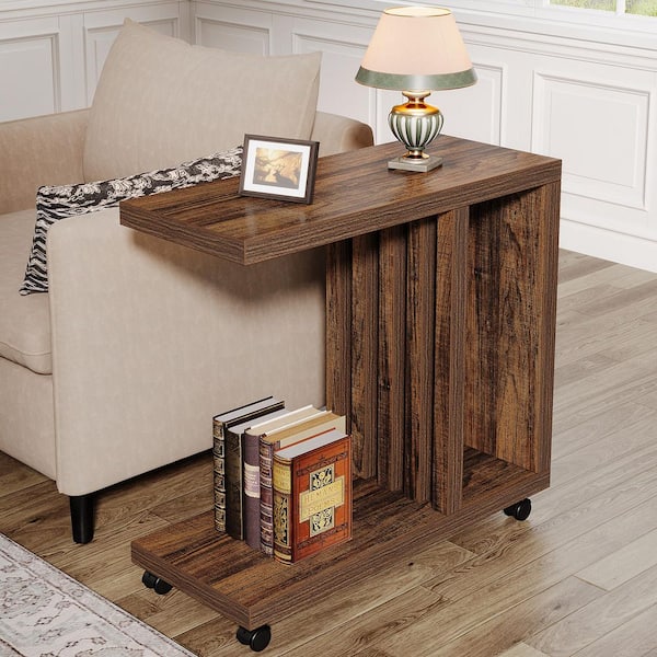 Kerlin 23.6 in. Brown Rectangle Wood End Table with Lockable Wheels, Wood Bedside Table for Living Room, Bedroom