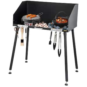 30 in. x 16 in. Carbon Steel Camp Cooking Table Portable Park Style Charcoal Grill in Black w/ 3-Sided Windscreen & Leg