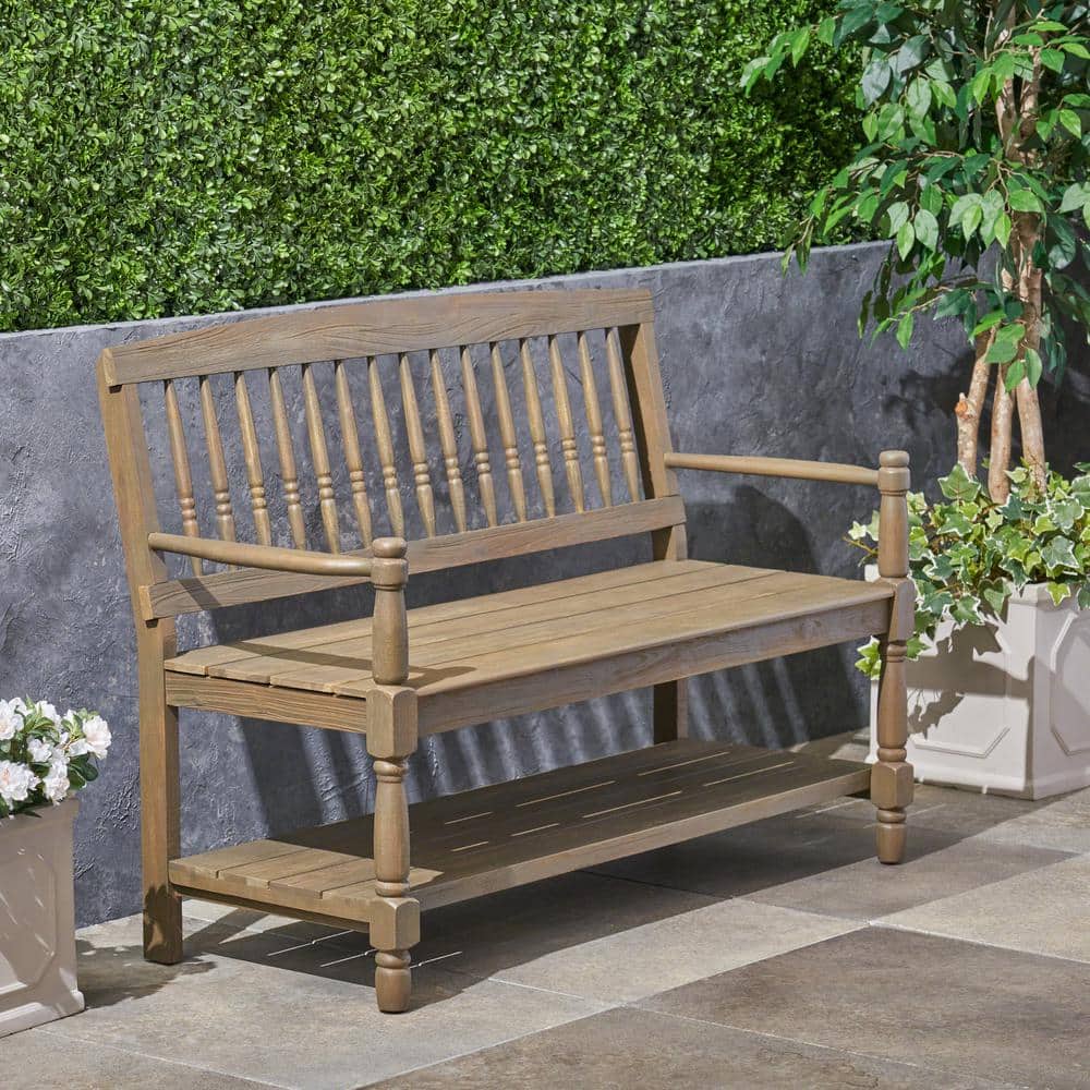 Great Seller Furniture Outdoor Acacia Wood Bench with Shelf, Gray Finish