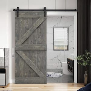 Distressed K 30 in. x 84 in. Weather Gray Stained DIY Solid Pine Wood Interior Sliding Barn Door with Hardware Kit