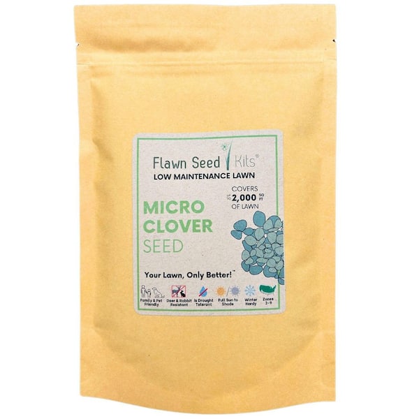 Flawn Seed Kits Micro Clover Alternative Grass Seed, Org Coated, Eco-Friendly, Low Growing, Low Mnt, Zip Pouch, Covers Up to 2000 Sq.ft.