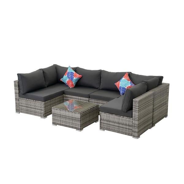 Mondawe 7-Piece Gray PE Rattan Wicker Outdoor Sectional Sofa Set with Black Cushion and Tempered Glass Coffee Table