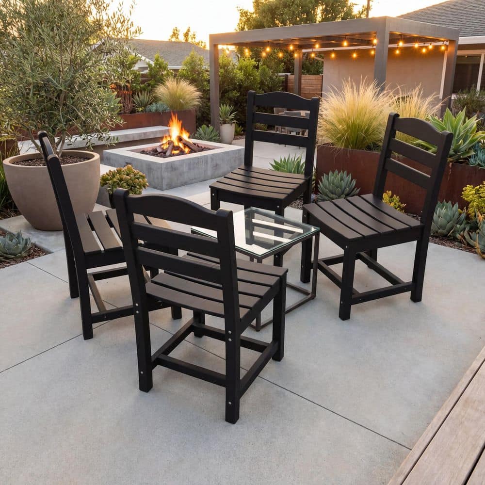 Modern HDPE Outdoor Dining Chair Set of 4 in Black, Sturdy Armless All-Weather Patio Chairs for Backyard and Garden price history on PriceWatchPro