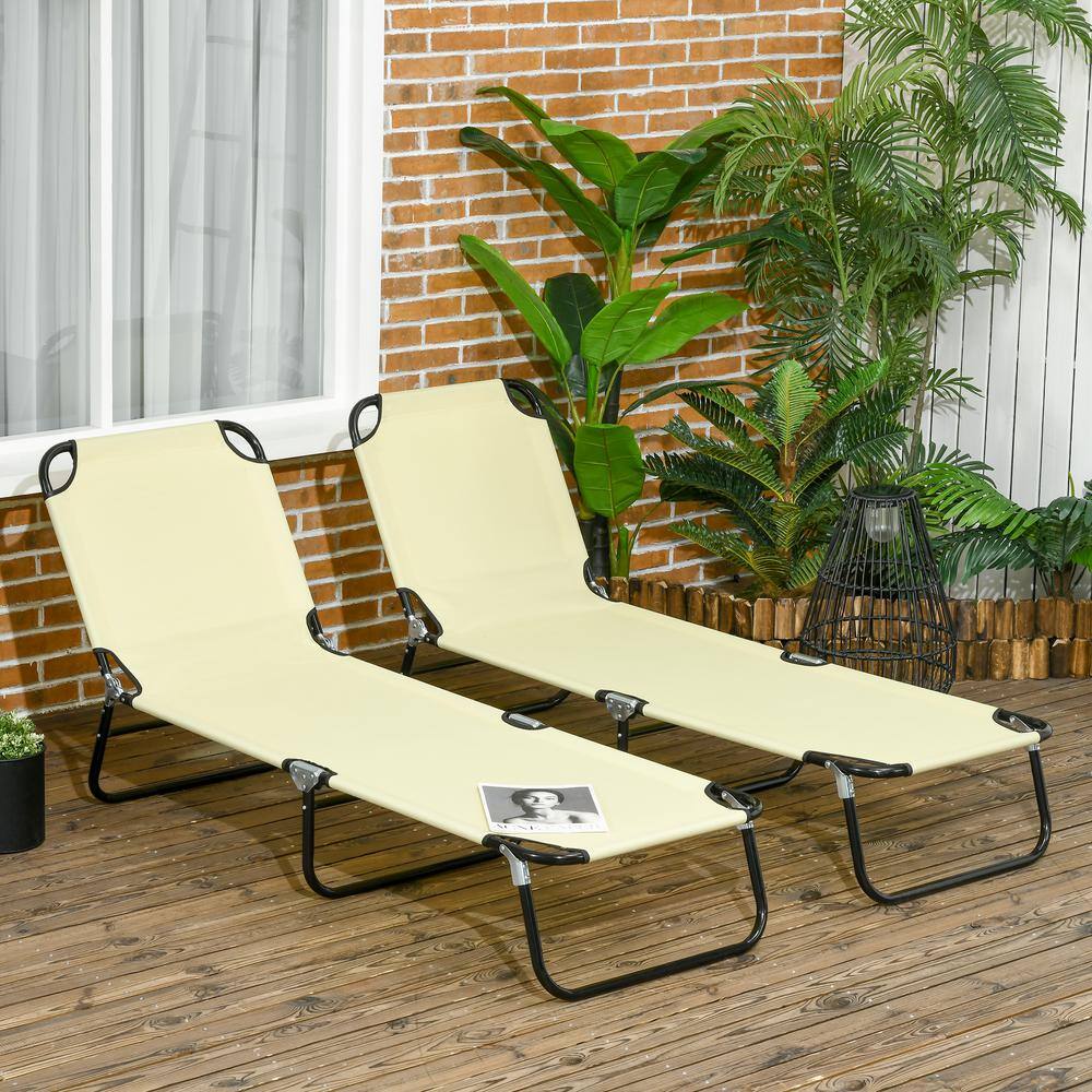 Beige Folding Armless Chaise Lounger with Cushions, Set of 2