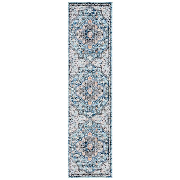 Tulum 2 ft. x 8 ft. Blue Gray/Rust Ornate Border Runner Rug