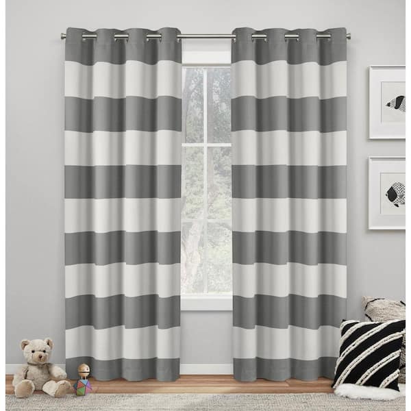 EXCLUSIVE HOME Sateen Rugby Kids Charcoal Stripe Woven Room Darkening Grommet Top Curtain, 52 in. W x 96 in. L (Set of 2)