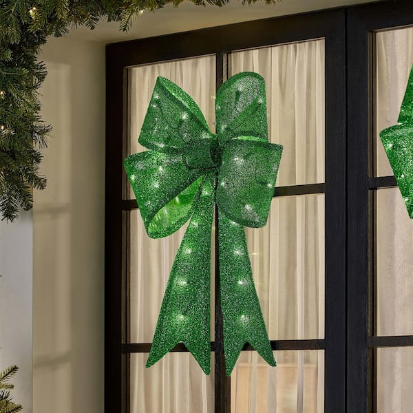 24 in. LED Green Tinsel Bow  Holiday Yard Decoration