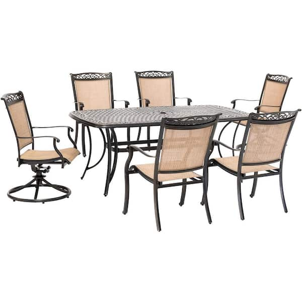 Fontana 7-Piece Aluminum Outdoor Dining Set with 2 Sling Swivel Rockers, 4 Sling Chairs and Cast-Top Table