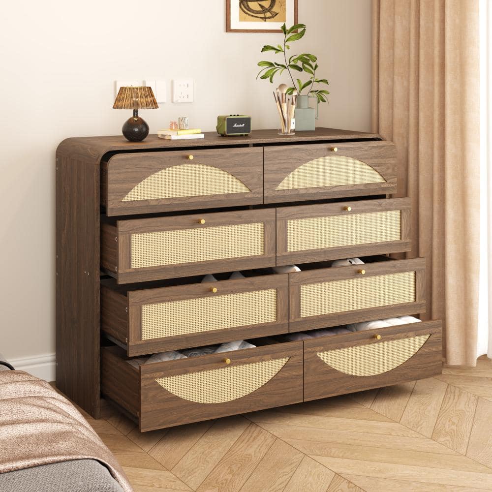 Walnut Brown 47.2 in. Wide 8‑Drawer Dresser, Particle Board Chest of Drawers with Rattan Front