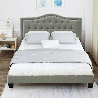 Gray Queen Upholstered Platform Bed with Tufted Headboard, Wood Slat Support