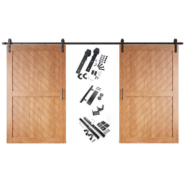 XT2 50 in. x 80 in. C-Panel Early American Slanted Stripe Design Double Pine Wood Sliding Barn Door with Hardware Kit