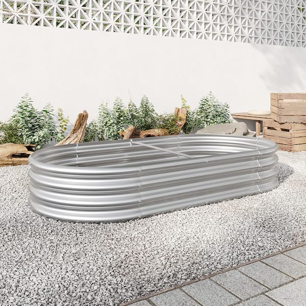 BTMWAY 7.4 ft. L x 3.7 ft. W x 1 ft. H Silver Galvanized Metal Oval Large Outdoor Raised Garden Bed Kit, Planter Box (1-Pack)