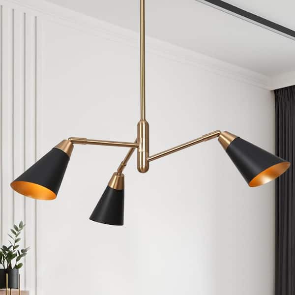 Modern 3-light Plated Brass Island Chandelier, Transitional Chandelier with Adjustable Black Cone Shade for Dinning Room