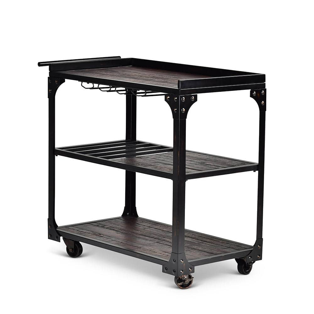 Rustic Black and Brown Wood Server Cart with Wine Rack