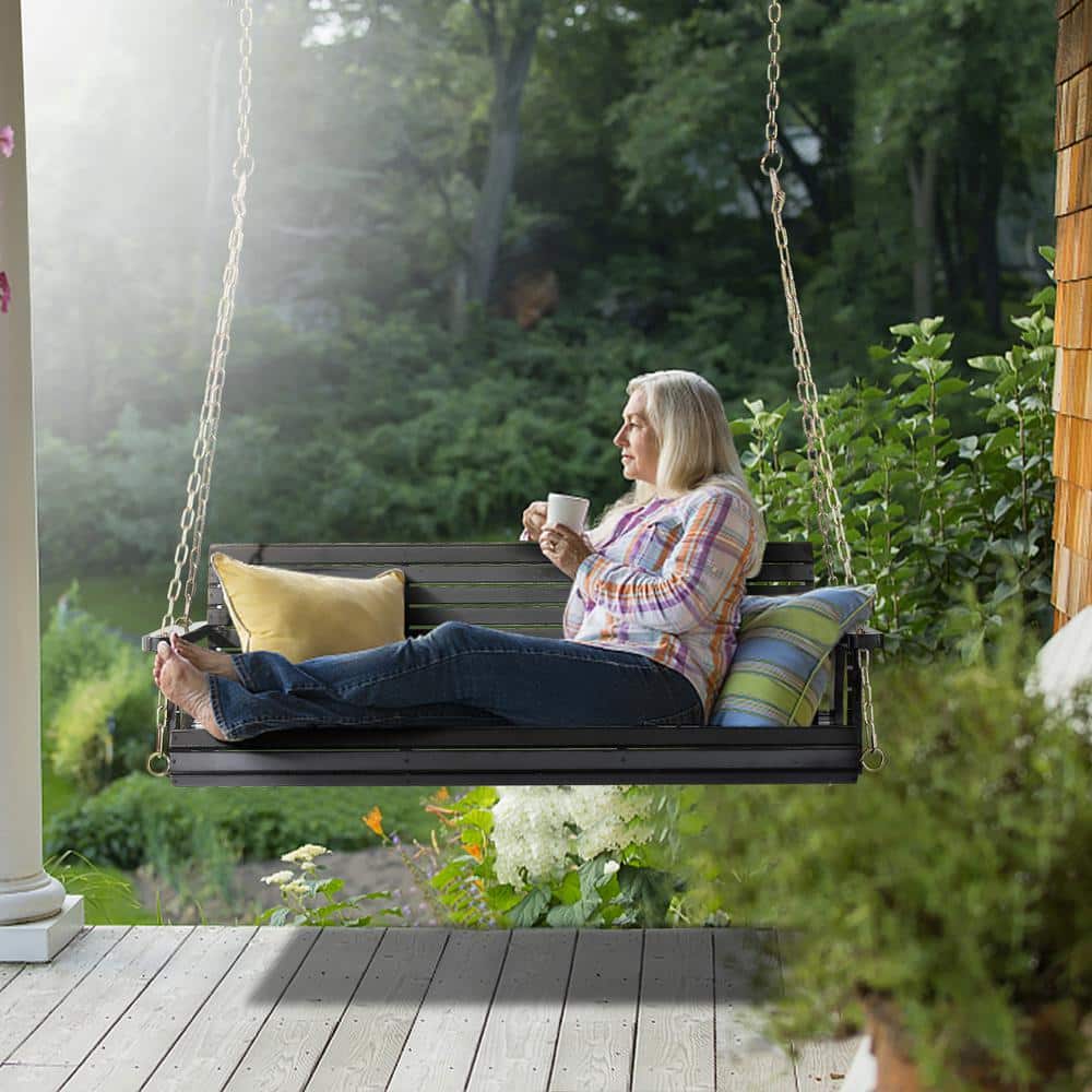 Karl 3-Person Black Wood Outdoor Swing Chair with Chains