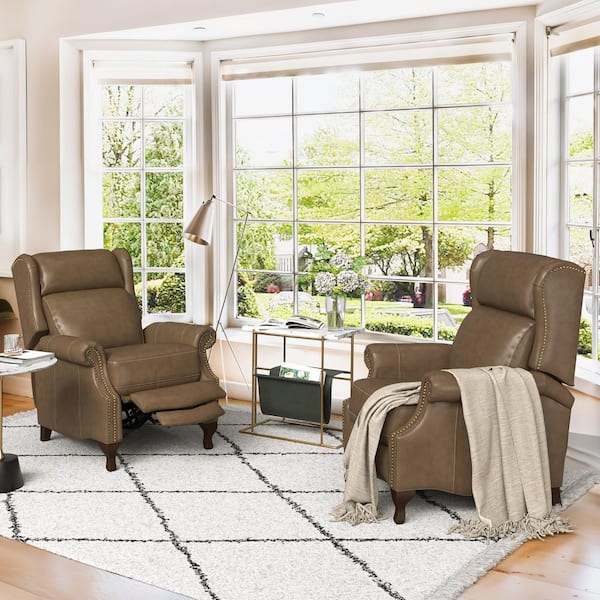 Balderich Mid-Century 35 in. Grayish-brown Genuine Leather Recliner Armchair with Nailhead Accents (Set of 2)