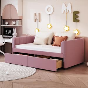 Pink Wood Twin Size Velvet Upholstered Daybed with Ergonomic Design Backrest and 2 Drawers