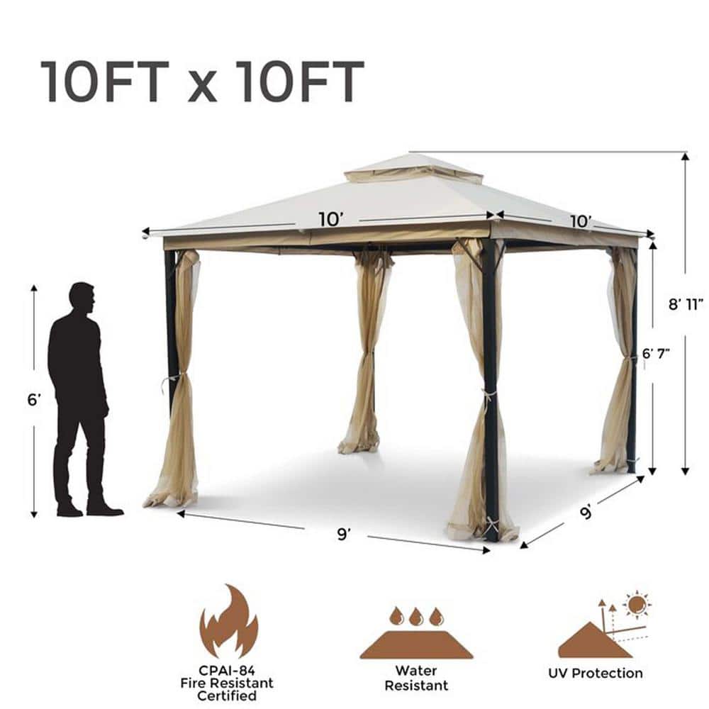 10x10 Beige Metal Patio Gazebo with Canopy and Curtains