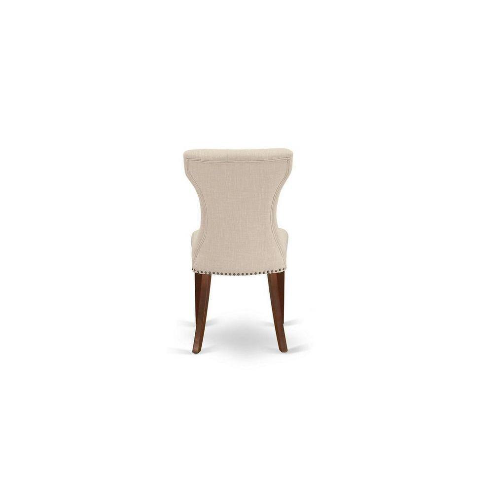 Mahogany Round Pedestal Dining Table Set with Beige Linen Chairs
