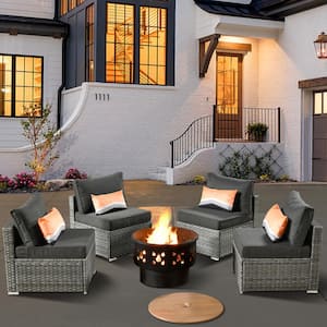 Daffodil S Gray 5-Piece Wicker Patio Wood Burning Fire Pit Conversation Sofa Set with Black Cushions