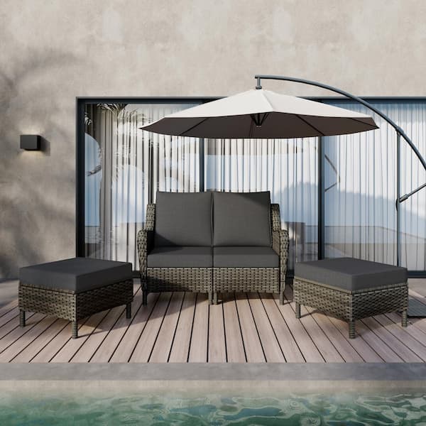 Uixe Taupe Brown 4-Piece Wicker Patio Conversation Seating Sofa and Ottoman Set with Dark Gray Cushions