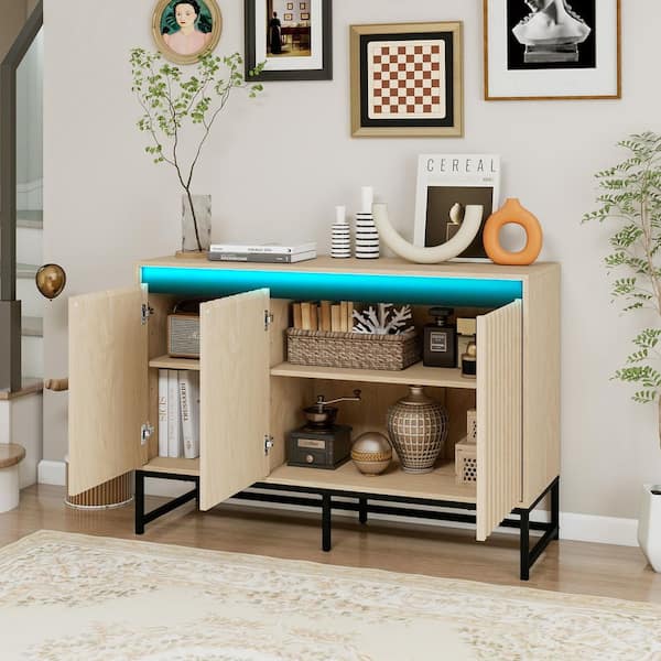 Tahanbath Modern Coffee Bar Cabinet: Carved 3-Door Design, LED Lighting, Adjustable Shelf