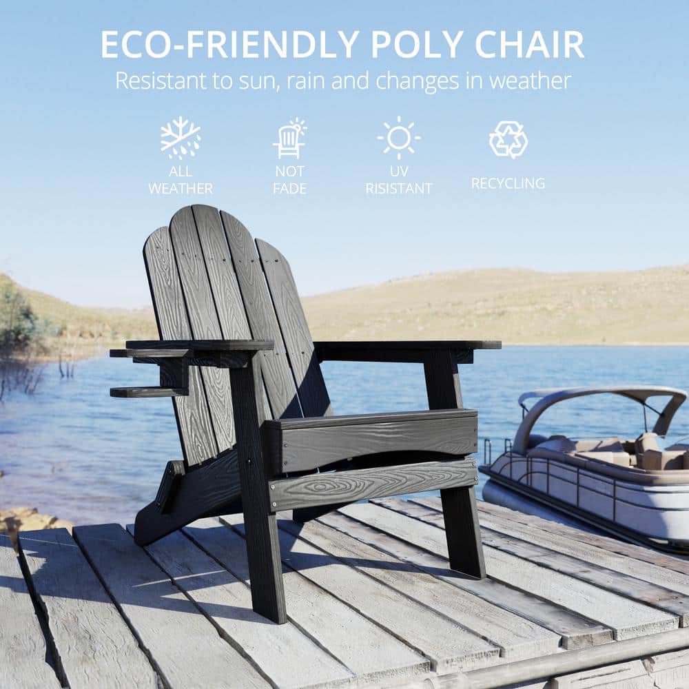 Black Foldable HDPS Adirondack Chairs with Cup Holder, Set of 2