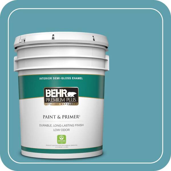 BEHR PREMIUM PLUS 5 gal. #BIC-53 Turquoise Semi-Gloss Enamel Low Odor Interior Paint & Primer