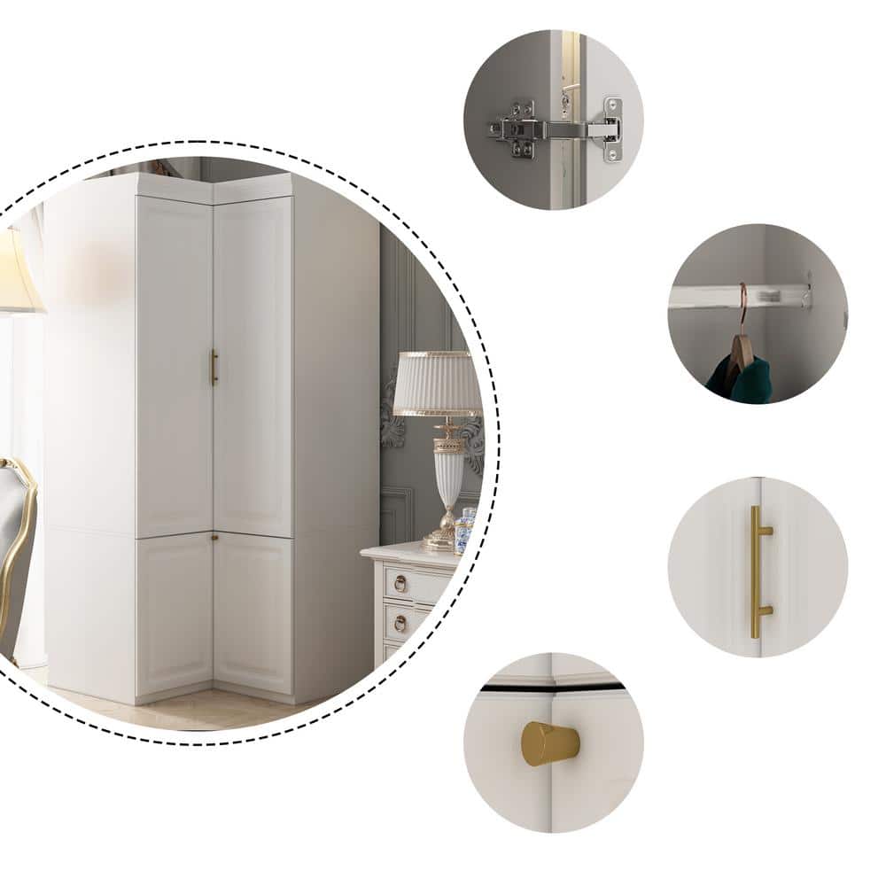 White Wood 35.4 in. W 4-Door Corner Wardrobe Armoires with Hanging Rod, Storage Shelves 74.2 in. H x 35.4 in. D - thumbnail 7