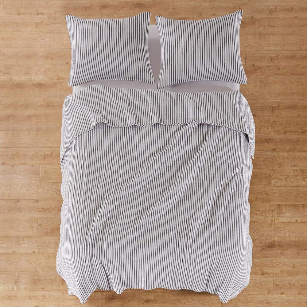 Twin Charcoal Cotton Reversible Stripe Quilt Set
