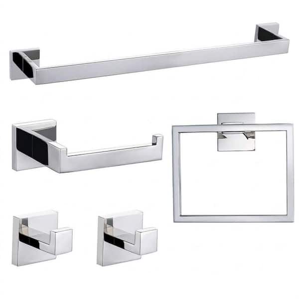 5-Piece Polished Chrome Stainless Steel Bathroom Hardware Set with Towel Bar, Towel Ring, Toilet Paper Holder, and Hook