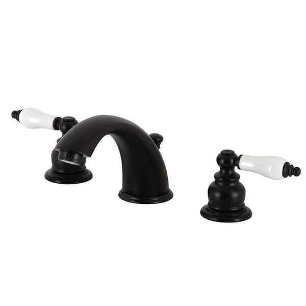 Kingston Brass Victorian 2-Handle High Arc 8 in. Widespread Bathroom Faucets with Plastic Pop-Up in Matte Black