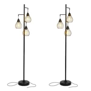 68 in. Black Tree Teardrop Standing LED Floor Lamp with 3 Cage Heads (2-Pack)