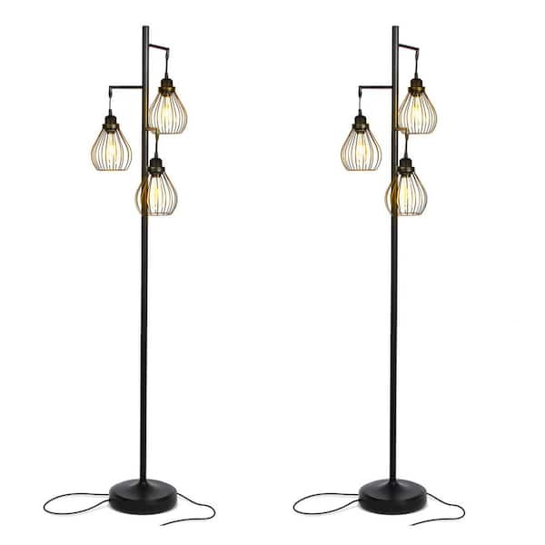 Brightech 68 in. Black Tree Teardrop Standing LED Floor Lamp with 3 Cage Heads (2-Pack)