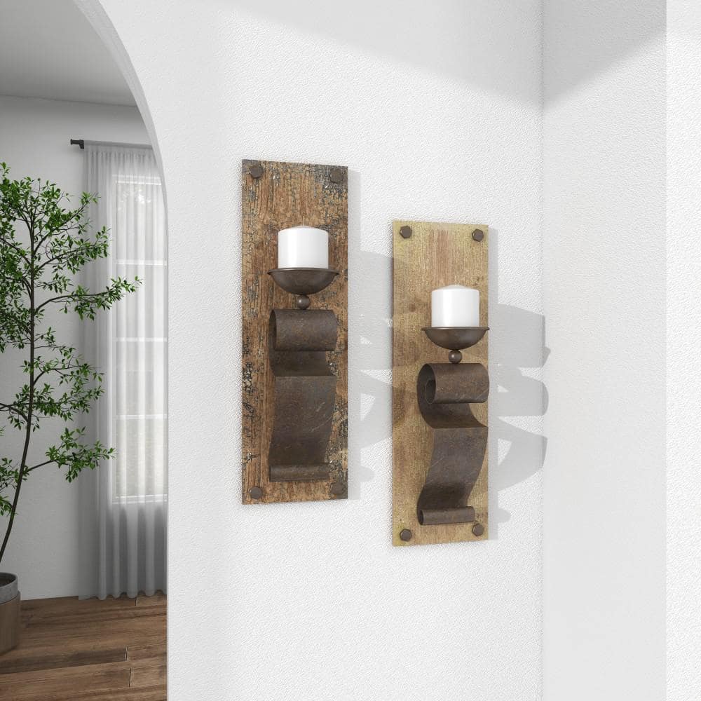 Rustic Distressed Wood & Metal Geometric Wall Sconce, Set of 2
