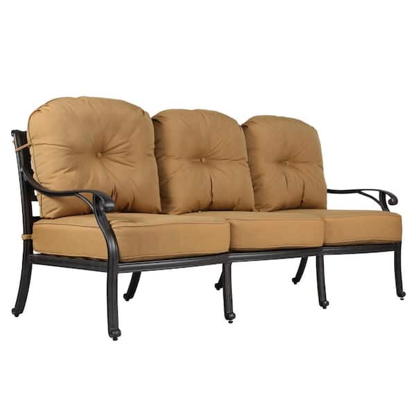 Mondawe Dark Black Frame 3-seat Aluminum Outdoor Chaise Lounge Sofa with CushionGuard Desert Sand Cushions