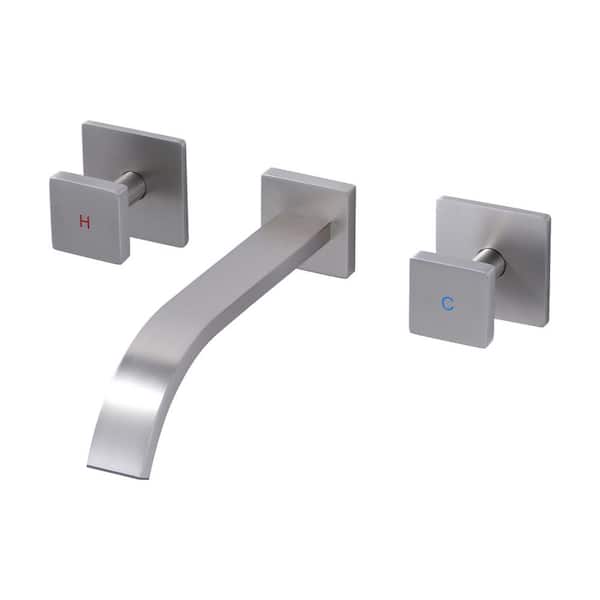 Solid Brass Double Handle Wall Mounted Waterfall Bathroom Faucet in Brushed Nickel