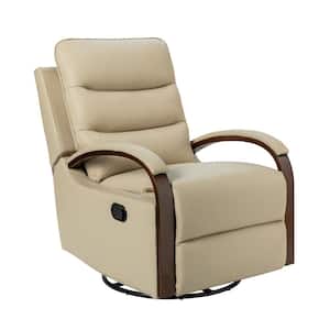 Joseph Beige Genuine Leather Swivel Rocking Manual Recliner with Straight Tufted Back Cushion and Curved Mood Arms
