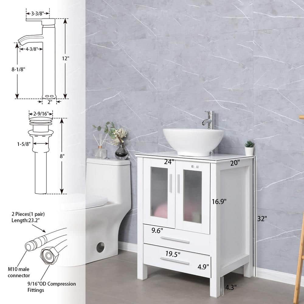24'' White MDF Freestanding Bathroom Vanity with Ceramic Vessel Sink
