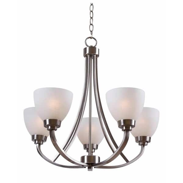 Hampton Bay Hastings 5-Light Brushed Steel Chandelier with White Glass Shades