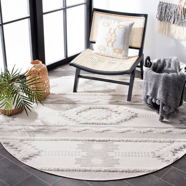 Cottage Ivory/Light Gray 7 ft. x 7 ft. High-Low Geometric Indoor/Outdoor Round Area Rug