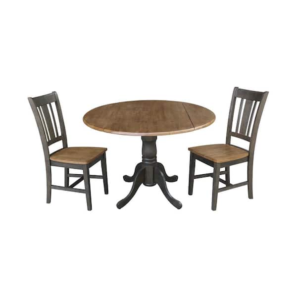 International Concepts Brynwood 3-Piece 42 in. Hickory/Coal Round Drop-Leaf Wood Dining Set with San Remo Chairs