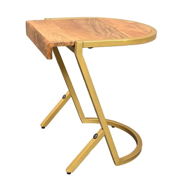 THE URBAN PORT 16.75 in. Brown and Gold Half-Circle Wood End Side Table with Metal Frame