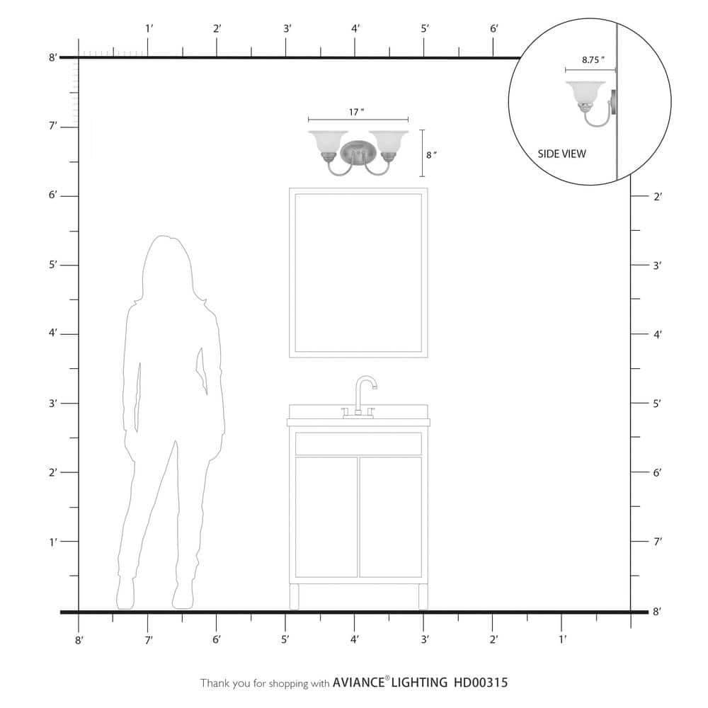 Edgemont Brushed Nickel 2-Light Vanity with White Alabaster Glass