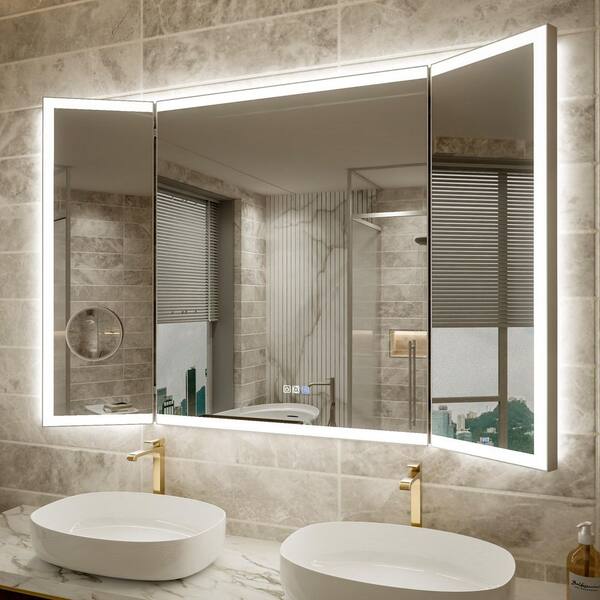 54 in. W x 36 in. H Rectangular Framed Tri-Fold LED Dimmable Defog Wall Bathroom Vanity Mirror in Silver with Magnifier