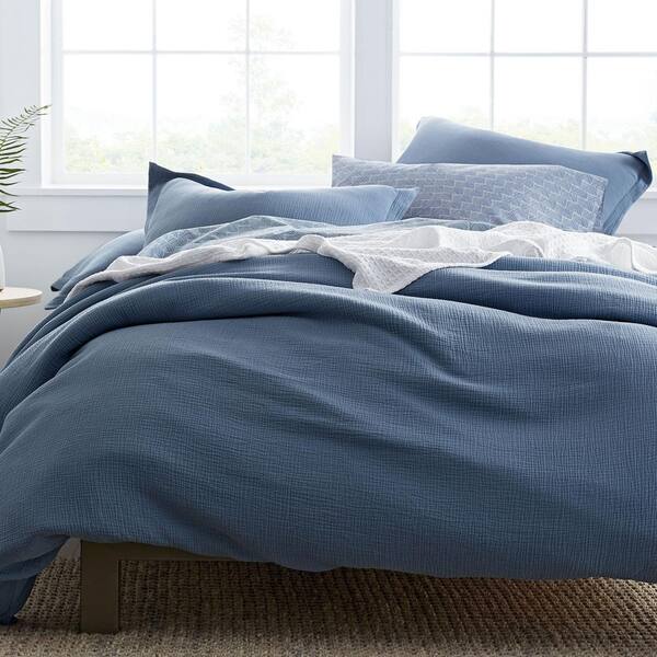 The Company Store Pryor Shadow Blue Solid Organic Cotton Queen Duvet Cover